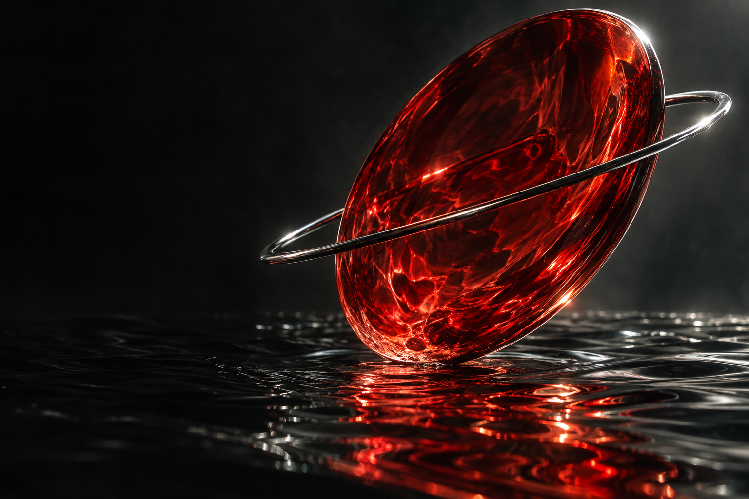 Vermilion glass and chrome suspended above dark rippling liquid